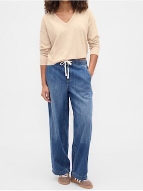 GAP High Rise Wide-Leg Pull-On Jeans Drawstring Waist Denim M Tall 31”